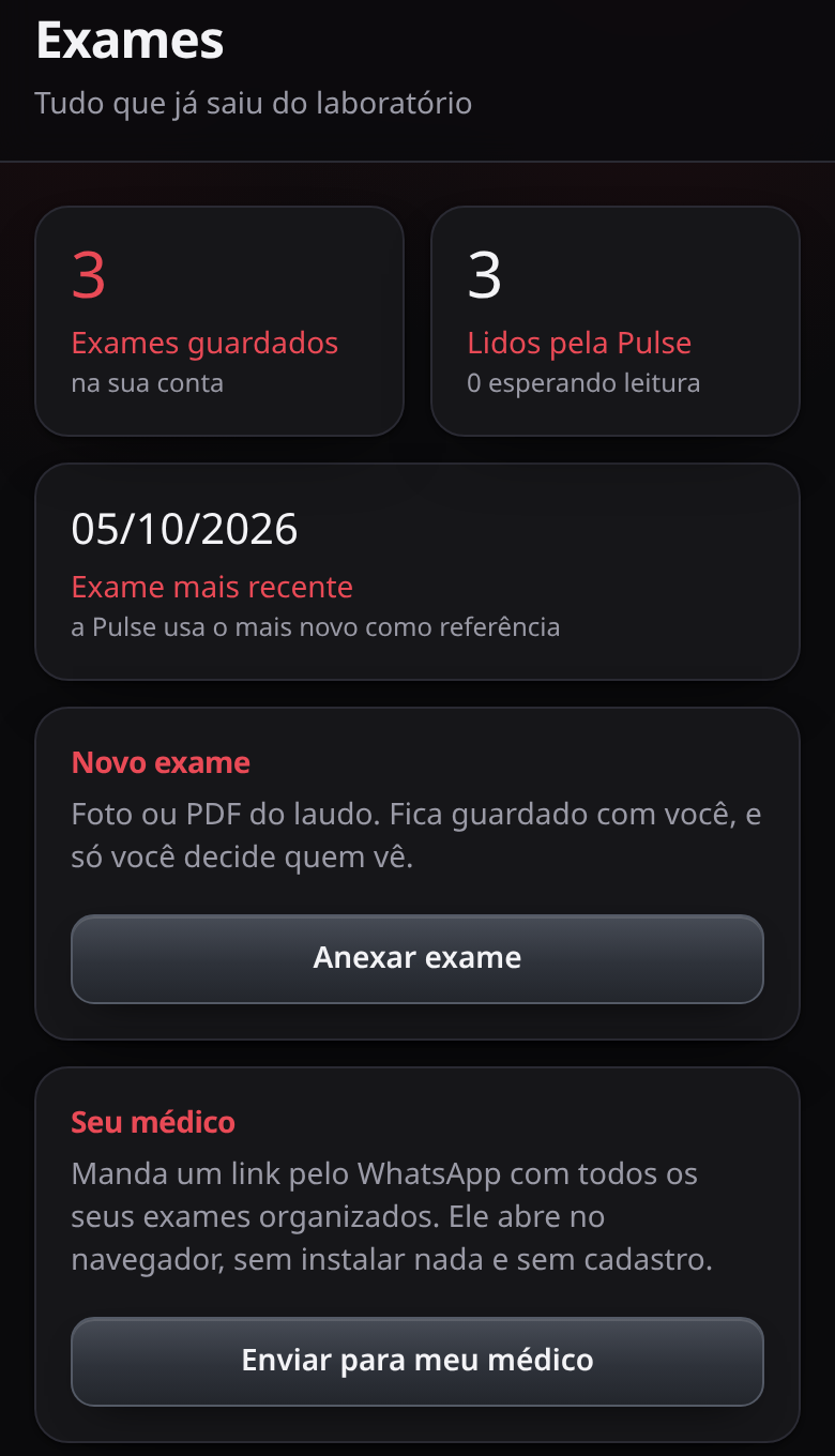 Tela de exames da Pulse com botão Enviar para meu médico